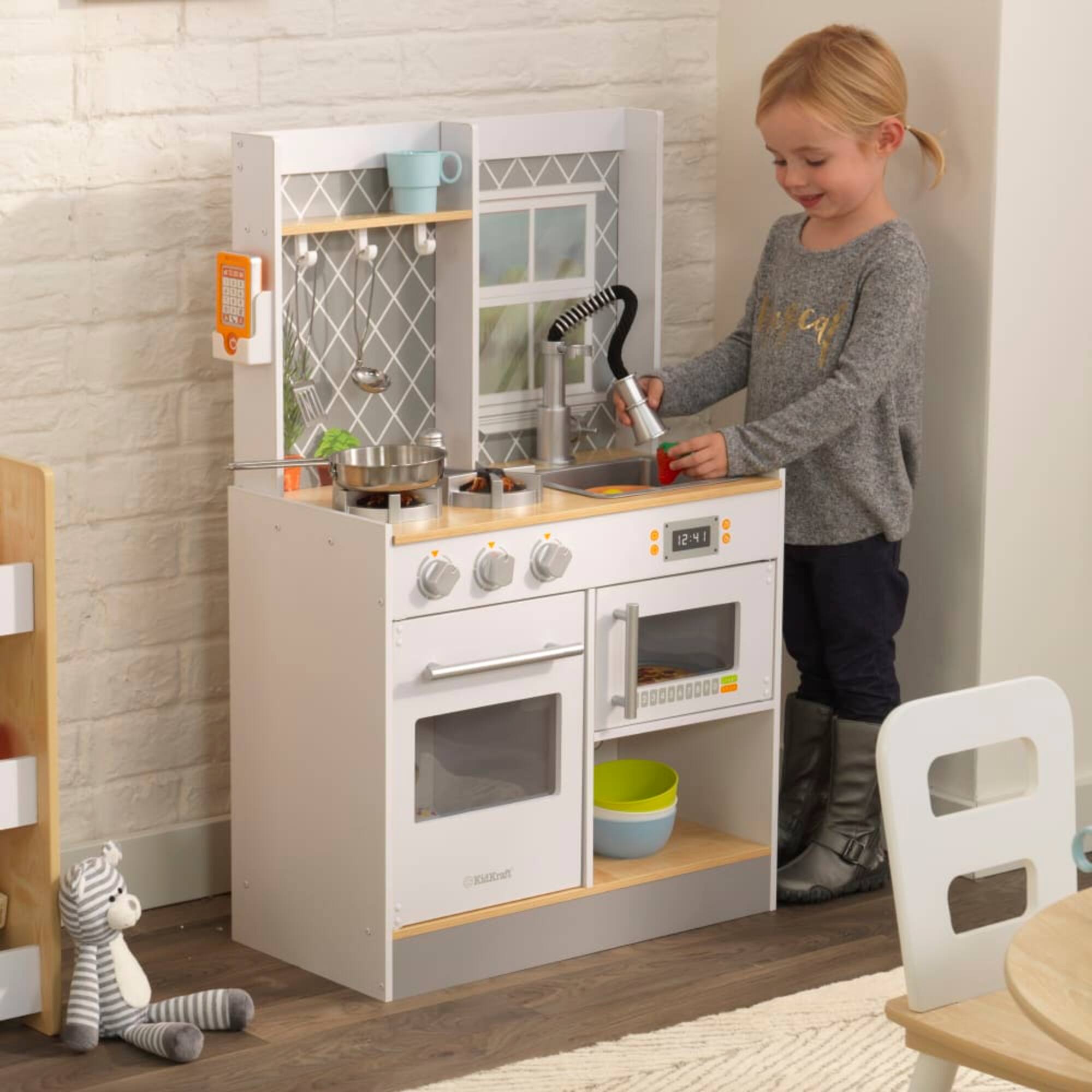 KidKraft Let's Cook Wooden Play Kitchen with Lights & Sounds & Pull-Down Faucet